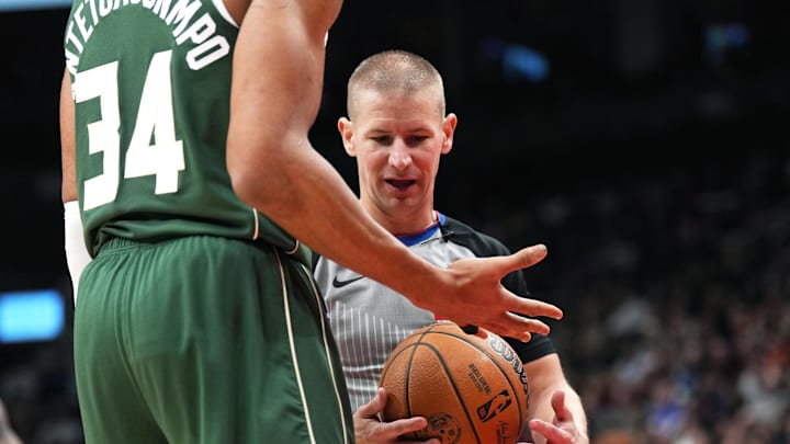 Jan 6, 2025; Toronto, Ontario, CAN; The NBA referee looks at Milwaukee Bucks forward Giannis Antetokounmpo (34) taped up finger against the Toronto Raptors during the third quarter at Scotiabank Arena. Mandatory Credit: Nick Turchiaro-Imagn Images Jan 6, 2025; Toronto, Ontario, CAN; The NBA referee looks at Milwaukee Bucks forward Giannis Antetokounmpo (34) taped up finger against the Toronto Raptors during the third quarter at Scotiabank Arena. Mandatory Credit: Nick Turchiaro-Imagn Images