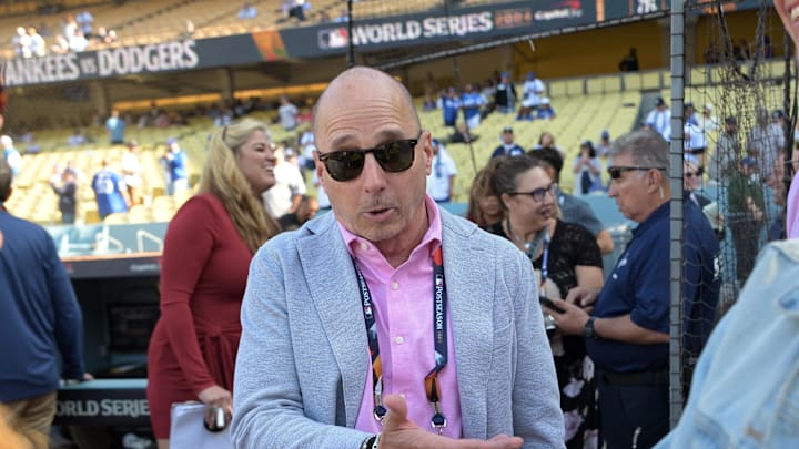 Oct 25, 2024; Los Angeles, California, USA; New York Yankees general manager Brian Cashman before game one against the Los Angeles Dodgers the 2024 MLB World Series at Dodger Stadium. Mandatory Credit: Jayne Kamin-Oncea-Imagn Images