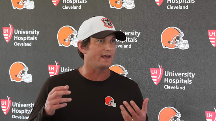 Aug 5, 2024; Cleveland Browns offensive coordinator Ken Dorsey during a press conference at the Browns training facility in Berea, Ohio.