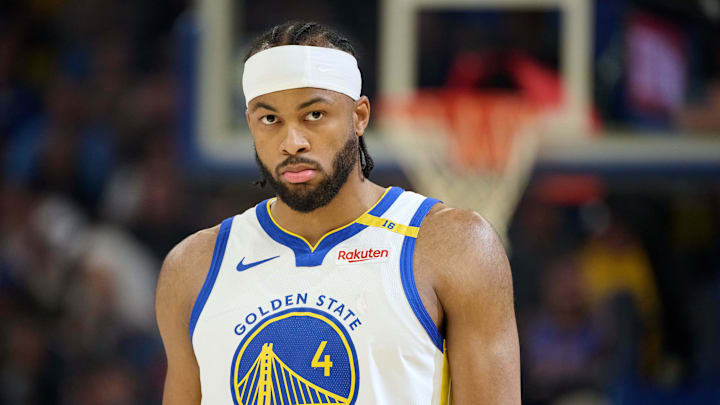 Golden State Warriors guard Moses Moody (4) walks on the court before the start of the first quarter against the LA Clippers at Chase Center. 