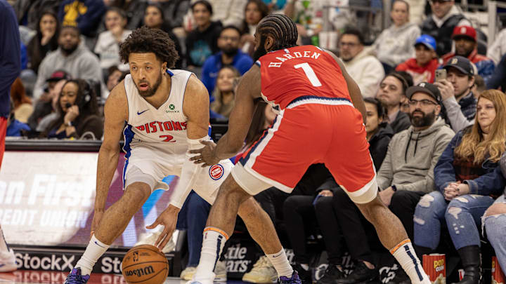 Feb 24, 2025; Detroit, Michigan, USA; LA Clippers guard James Harden (1) defends against Detroit Pistons guard Cade Cunningham (2) during the first half at Little Caesars Arena. Mandatory Credit: David Reginek-Imagn Images