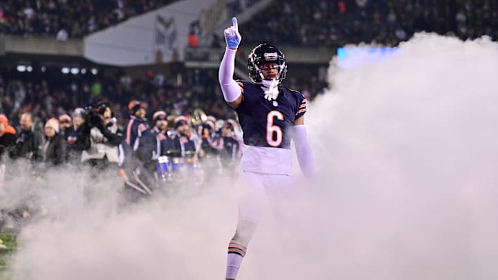 Dec 26, 2024; Chicago, Illinois, USA; Chicago Bears cornerback Kyler Gordon (6) enters the field before the game against the Seattle Seahawks at Soldier Field. Mandatory Credit: Daniel Bartel-Imagn Images