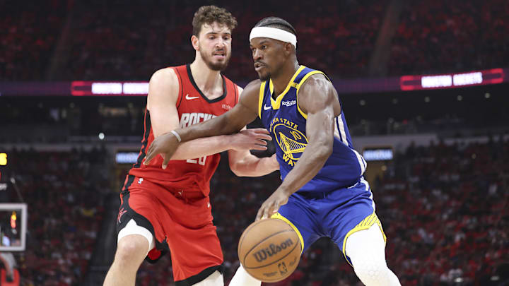 Apr 20, 2025; Houston, Texas, USA; Golden State Warriors forward Jimmy Butler III (10) controls the ball as Houston Rockets center Alperen Sengun (28) defends during the second quarter at Toyota Center. Mandatory Credit: Troy Taormina-Imagn Images Apr 20, 2025; Houston, Texas, USA; Golden State Warriors forward Jimmy Butler III (10) controls the ball as Houston Rockets center Alperen Sengun (28) defends during the second quarter at Toyota Center. Mandatory Credit: Troy Taormina-Imagn Images