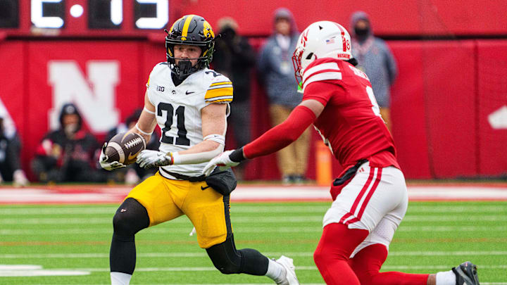 Iowa wide receiver Kaden Wetjen runs against Nebraska defensive back DeShon Singleton in third quarter at Memorial Stadium.