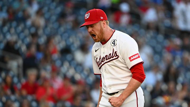 Jun 2, 2026; Washington, District of Columbia, USA; Washington Nationals pitcher Richard Lovelady (55) reacts after recording a strikeout to end the second inning against the Miami Marlins at Nationals Park. Mandatory Credit: Brad Mills-Imagn Images
