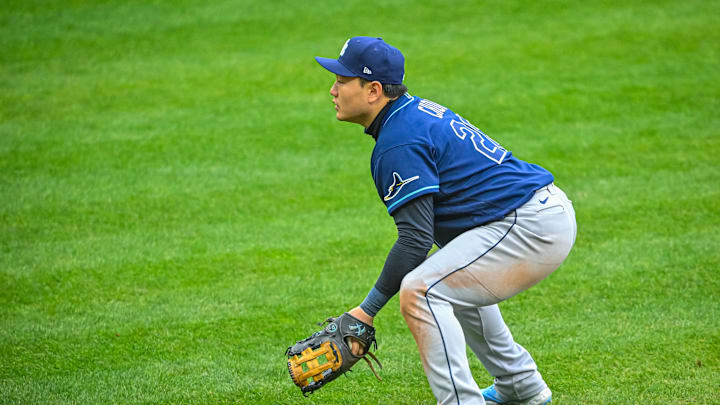 Tampa Bay Rays first baseman Ji-Man Choi (26) ready on the field against the Cleveland Guardians in the fifth inning during game one of the Wild Card series for the 2022 MLB Playoffs at Progressive Field. 
