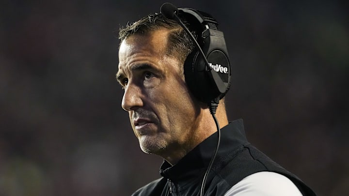 Nov 16, 2024; Madison, Wisconsin, USA;  Wisconsin Badgers head coach Luke Fickell looks on during the first quarter against the Oregon Ducks at Camp Randall Stadium. Mandatory Credit: Jeff Hanisch-Imagn Images
