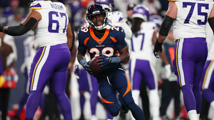 Nov 19, 2023; Denver, Colorado, USA; Denver Broncos cornerback Ja'Quan McMillian (29) reacts after