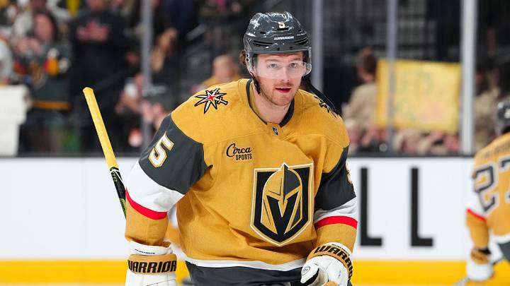 Apr 21, 2026; Las Vegas, Nevada, USA; Vegas Golden Knights defenseman Jeremy Lauzon (5) warms up before a game against the Utah Mammoth in game two of the first round of the 2026 Stanley Cup Playoffs at T-Mobile Arena. Mandatory Credit: Stephen R. Sylvanie-Imagn Images
