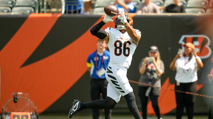 Cincinnati Bengals tight end Noah Fant (86) catches a pass during warmups before the first quarter of the NFL Preseason Week 3 game between the Cincinnati Bengals and the Indianapolis Colts at Paycor Stadium in Cincinnati on Saturday, Aug. 23, 2025. The Colts led 24-7 at halftime. Cincinnati Bengals tight end Noah Fant (86) catches a pass during warmups before the first quarter of the NFL Preseason Week 3 game between the Cincinnati Bengals and the Indianapolis Colts at Paycor Stadium in Cincinnati on Saturday, Aug. 23, 2025. The Colts led 24-7 at halftime.