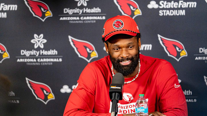 Josh Sweat speaks to members of the media at the Arizona Cardinals Training Center in Tempe on March 13, 2025.