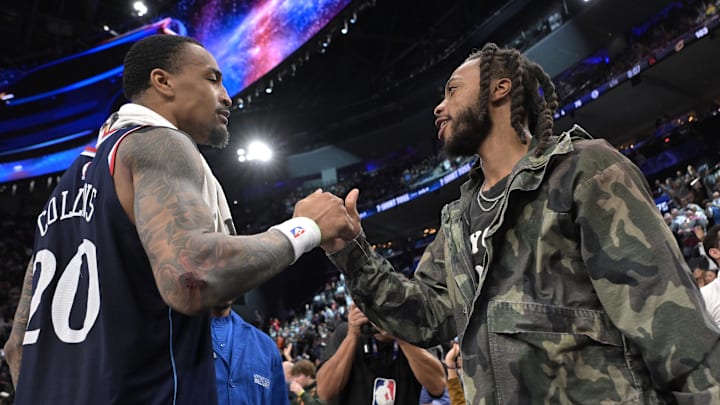 Feb 4, 2026; Inglewood, California, USA; Los Angeles Clippers Darius Garland is greeted by Los Angeles Clippers forward John Collins (20) during the game against the Cleveland Cavaliers at Intuit Dome. Mandatory Credit: Jayne Kamin-Oncea-Imagn Images