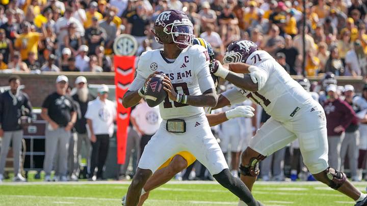 Oct 10, 2026; Columbia, Missouri, USA; Texas A&M Aggies quarterback Marcel Reed (10) drops back to pass against the Missouri Tigers during the second half of the game at Faurot Field at Memorial Stadium. Mandatory Credit: Denny Medley-Imagn Images Oct 10, 2026; Columbia, Missouri, USA; Texas A&M Aggies quarterback Marcel Reed (10) drops back to pass against the Missouri Tigers during the second half of the game at Faurot Field at Memorial Stadium. Mandatory Credit: Denny Medley-Imagn Images