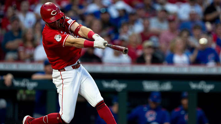 Cincinnati Reds second baseman Matt McLain (9) hits a base himt in the third inning between Cincinnati Reds and Chicago Cubs at Great American Ball Park in Cincinnati on Sept. 20, 2025. Cincinnati Reds second baseman Matt McLain (9) hits a base himt in the third inning between Cincinnati Reds and Chicago Cubs at Great American Ball Park in Cincinnati on Sept. 20, 2025.
