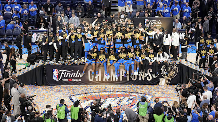 Jun 22, 2025; Oklahoma City, Oklahoma, USA; The Oklahoma City Thunder celebrate after winning game seven of the 2025 NBA Finals against the Indiana Pacers at Paycom Center. Mandatory Credit: Kyle Terada-Imagn Images