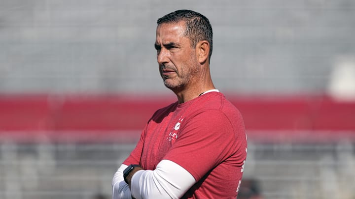 Sep 20, 2025; Madison, Wisconsin, USA;  Wisconsin Badgers head coach Luke Fickell looks on during warm-ups prior to the game against the Maryland Terrapins at Camp Randall Stadium. Mandatory Credit: Jeff Hanisch-Imagn Images