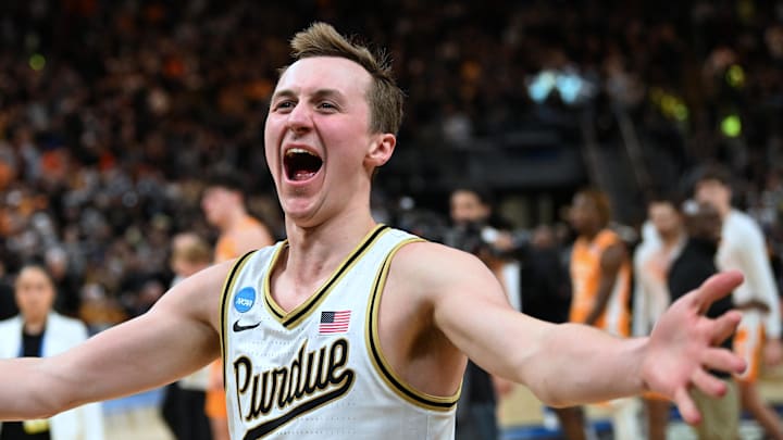 Mar 31, 2024; Detroit, MI, USA; Purdue Boilermakers guard Fletcher Loyer (2) celebrates defatting