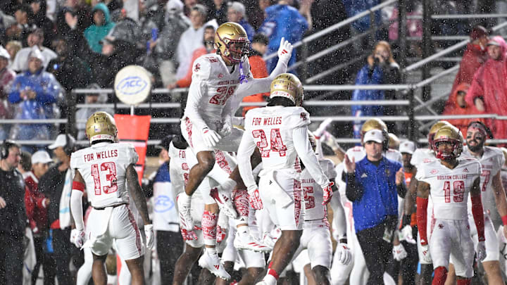 Sep 21, 2024; Chestnut Hill, Massachusetts, USA; Boston College Eagles defensive back Carter Davis (28) celebrates his interception against the Michigan State Spartans during the first half at Alumni Stadium. Mandatory Credit: Eric Canha-Imagn Images