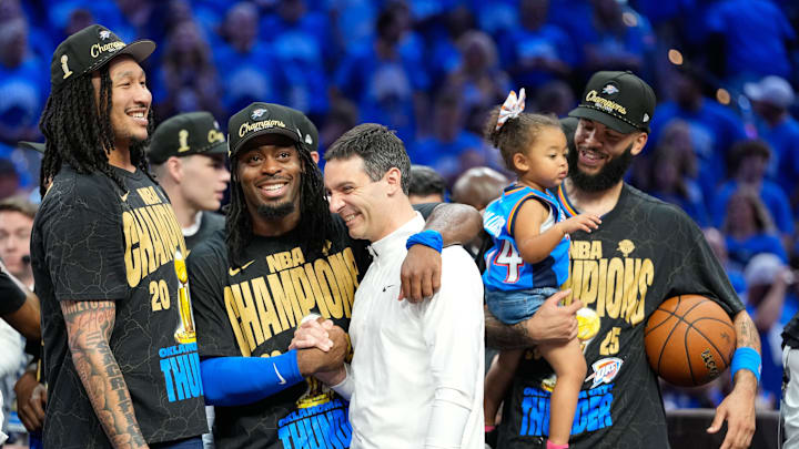 Jun 22, 2025; Oklahoma City, Oklahoma, USA; Oklahoma City Thunder guard Luguentz Dort (5) with head coach Mark Daigneault after winning game seven of the 2025 NBA Finals against the Indiana Pacers at Paycom Center. Jun 22, 2025; Oklahoma City, Oklahoma, USA; Oklahoma City Thunder guard Luguentz Dort (5) with head coach Mark Daigneault after winning game seven of the 2025 NBA Finals against the Indiana Pacers at Paycom Center.