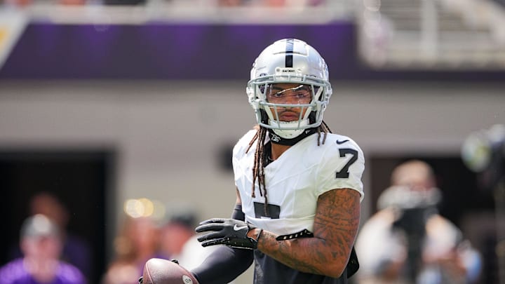 Aug 10, 2024; Minneapolis, Minnesota, USA; Las Vegas Raiders safety Tre'von Moehrig (7) warms up before the game against the Minnesota Vikings at U.S. Bank Stadium. Mandatory Credit: Brad Rempel-Imagn Images Aug 10, 2024; Minneapolis, Minnesota, USA; Las Vegas Raiders safety Tre'von Moehrig (7) warms up before the game against the Minnesota Vikings at U.S. Bank Stadium. Mandatory Credit: Brad Rempel-Imagn Images