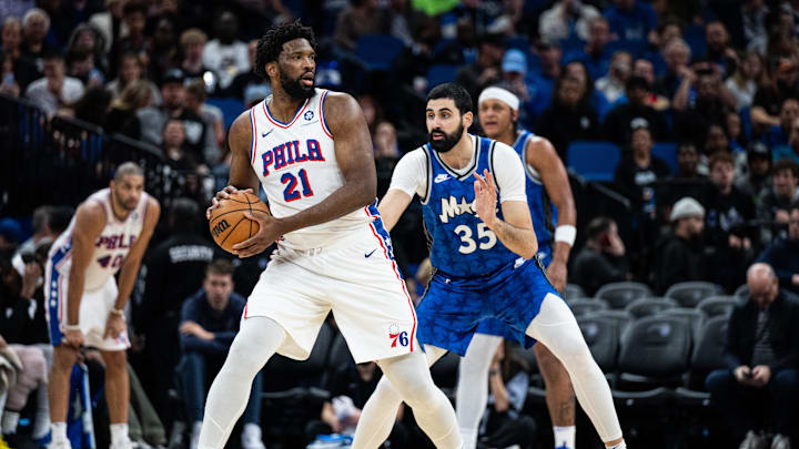 Jan 19, 2024; Orlando, Florida, USA; Philadelphia 76ers center Joel Embiid (21) holds the ball Jan 19, 2024; Orlando, Florida, USA; Philadelphia 76ers center Joel Embiid (21) holds the ball