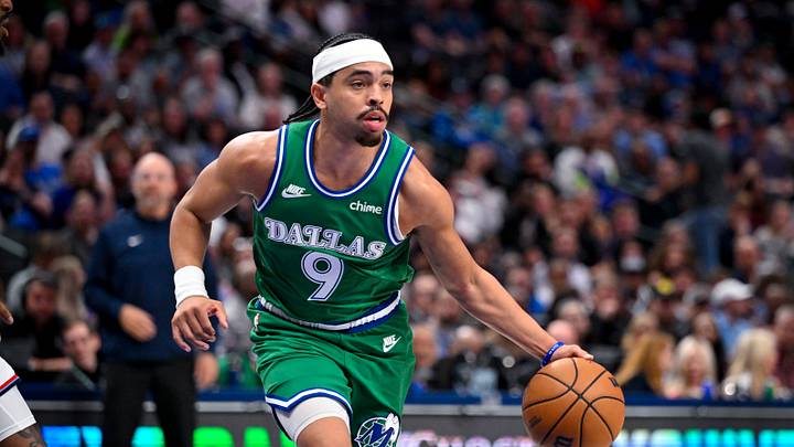 Mar 21, 2026; Dallas, Texas, USA; Dallas Mavericks guard Ryan Nembhard (9) controls the ball during the game between the Mavericks and the Clippers at American Airlines Center. Mandatory Credit: Jerome Miron-Imagn Images