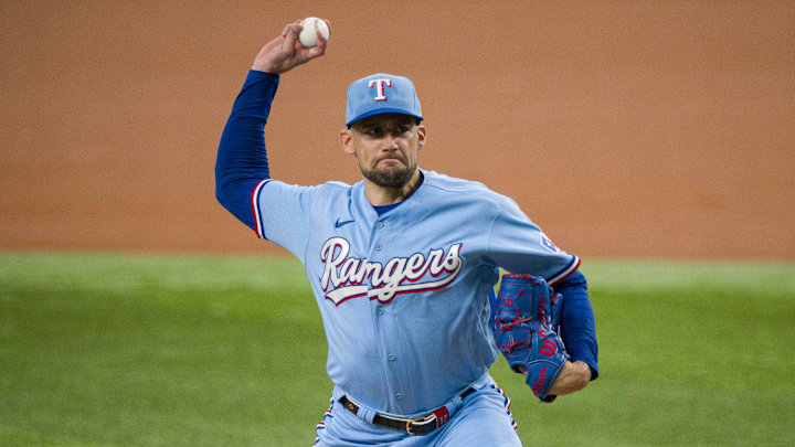 Sep 24, 2023; Arlington, Texas, USA; Texas Rangers starting pitcher Nathan Eovaldi (17) pitches
