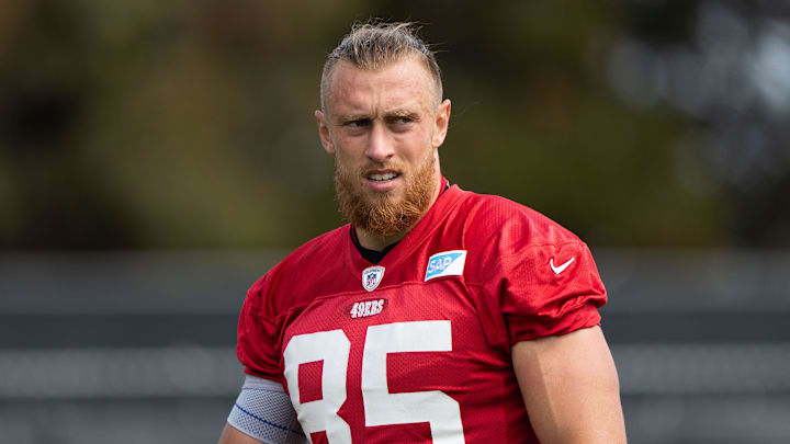Jul 29, 2022; Santa Clara, CA, USA;  San Francisco 49ers tight end George Kittle (85) during training camp at the SAP Performance Facility near Levi Stadium. Mandatory Credit: Stan Szeto-Imagn Images