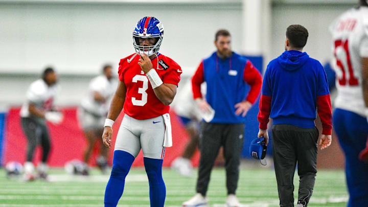 Jun 18, 2025; East Rutherford, NJ, USA; New York Giants quarterback Russell Wilson (3) warms up during minicamp at Quest Diagnostics Training Center.  
