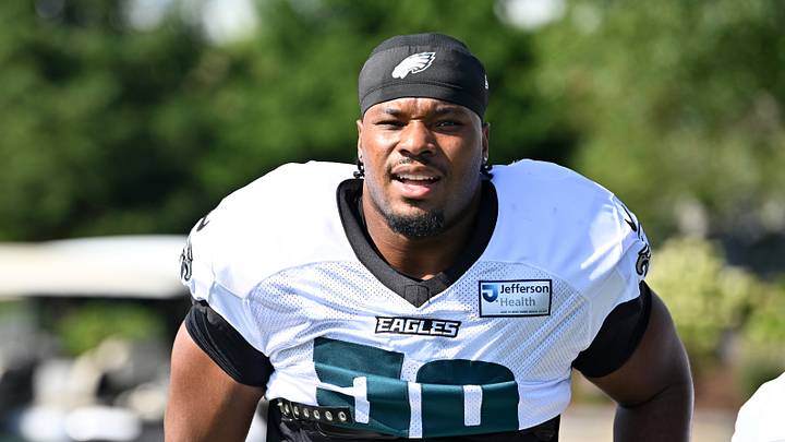 Aug 19, 2026; Foxborough, Massachusetts, USA; Philadelphia Eagles guard Tyler Steen (56) walks to the practice field during training camp at Gillette Stadium. Mandatory Credit: Eric Canha-Imagn Images