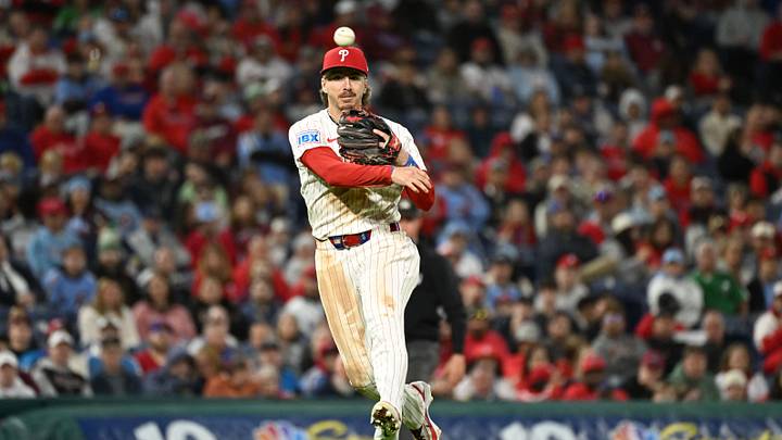 Sep 23, 2026; Philadelphia, Pennsylvania, USA; Philadelphia Phillies second baseman Bryson Stott (5) throws to first base during the eighth inning against the Milwaukee Brewers at Citizens Bank Park. Mandatory Credit: Eric Hartline-Imagn Images Sep 23, 2026; Philadelphia, Pennsylvania, USA; Philadelphia Phillies second baseman Bryson Stott (5) throws to first base during the eighth inning against the Milwaukee Brewers at Citizens Bank Park. Mandatory Credit: Eric Hartline-Imagn Images