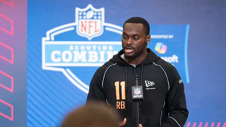 Feb 27, 2026; Indianapolis, IN, USA; Notre Dame running back Jeremiyah Love (RB11) speaks to members of the media during the NFL Combine at the Indiana Convention Center. Mandatory Credit: Jacob Musselman-Imagn Images