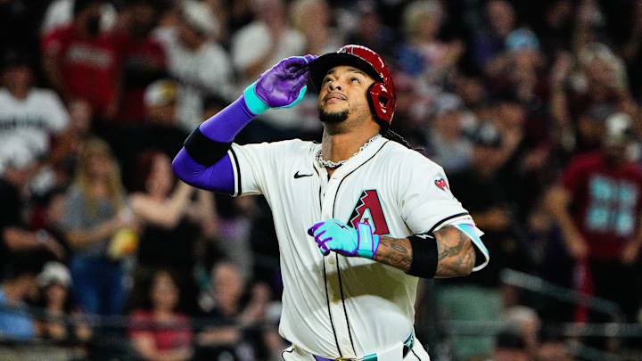 Jul 3, 2025; Phoenix, Arizona, USA; Arizona Diamondbacks second base Ketel Marte (4) celebrates during the ninth inning during a game between the Arizona Diamondbacks and the San Francisco Giants at Chase Field. Mandatory Credit: Arianna Grainey-Imagn Images Jul 3, 2025; Phoenix, Arizona, USA; Arizona Diamondbacks second base Ketel Marte (4) celebrates during the ninth inning during a game between the Arizona Diamondbacks and the San Francisco Giants at Chase Field. Mandatory Credit: Arianna Grainey-Imagn Images