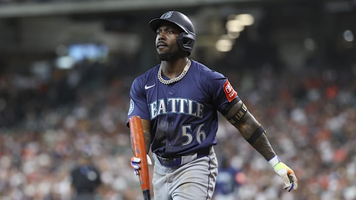 Seattle Mariners left fielder Randy Arozarena (56) reacts after striking out during the eighth inning against the Houston Astros at Daikin Park on May 24. Seattle Mariners left fielder Randy Arozarena (56) reacts after striking out during the eighth inning against the Houston Astros at Daikin Park on May 24.