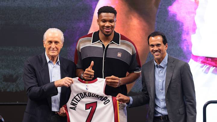 Jul 16, 2026; Miami, FL, USA; Miami Heat forward Giannis Antetokounmpo (7) is introduced as a new member of the team by Miami Heat president Pat Riley (left) and head coach Erik Spoelstra (right) during a press conference at Kaseya Center. Mandatory Credit: Sam Navarro-Imagn Images Jul 16, 2026; Miami, FL, USA; Miami Heat forward Giannis Antetokounmpo (7) is introduced as a new member of the team by Miami Heat president Pat Riley (left) and head coach Erik Spoelstra (right) during a press conference at Kaseya Center. Mandatory Credit: Sam Navarro-Imagn Images