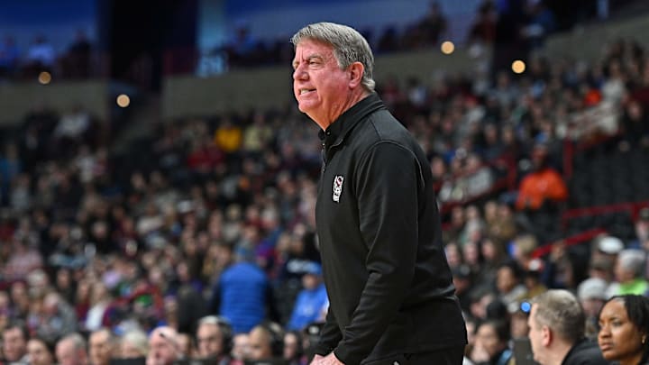 Mar 28, 2025; Spokane, WA, USA; NC State Wolfpack head coach Wes Moore reacts after a play against the LSU Lady Tigers during the Sweet 16 NCAA Tournament basketball game at Spokane Arena. Mandatory Credit: James Snook-Imagn Images Mar 28, 2025; Spokane, WA, USA; NC State Wolfpack head coach Wes Moore reacts after a play against the LSU Lady Tigers during the Sweet 16 NCAA Tournament basketball game at Spokane Arena. Mandatory Credit: James Snook-Imagn Images