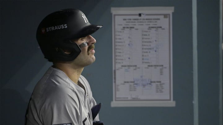 Oct 25, 2024; Los Angeles, California, USA; New York Yankees catcher Austin Wells (28) looks on from the dugout in the fourth inning against the Los Angeles Dodgers during Game 1 of the 2024 MLB World Series at Dodger Stadium. Oct 25, 2024; Los Angeles, California, USA; New York Yankees catcher Austin Wells (28) looks on from the dugout in the fourth inning against the Los Angeles Dodgers during Game 1 of the 2024 MLB World Series at Dodger Stadium.