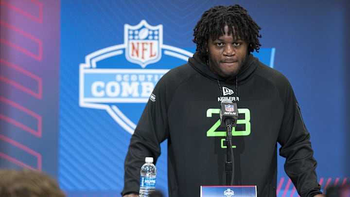 Mar 1, 2025; Indianapolis, IN, USA; University of Missouri offensive lineman Armand Membou (OL28) answers questions at a press conference during the 2025 NFL Combine at Indiana Convention Center. Mandatory Credit: Jacob Musselman-Imagn Images