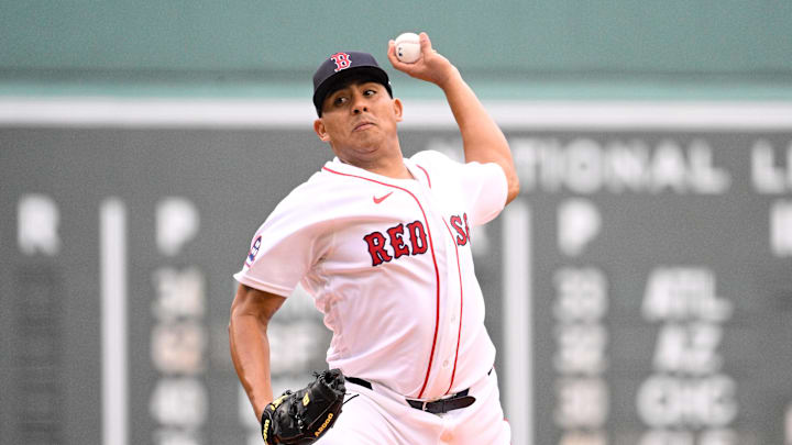 Apr 5, 2026; Boston, Massachusetts, USA; Boston Red Sox starting pitcher Ranger Suarez (55) pitches against the San Diego Padres during the first inning at Fenway Park. Mandatory Credit: Eric Canha-Imagn Images