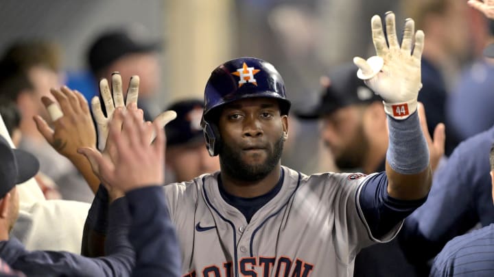 Jun 8, 2024; Anaheim, California, USA;  Houston Astros designated hitter Yordan Alvarez (44) is congratulated in the dugout after hitting a two-run home run in the fourth inning against the Los Angeles Angels at Angel Stadium.