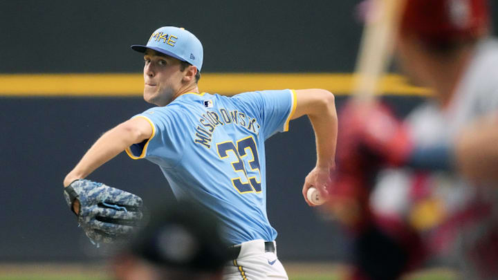Jun 12, 2025; Milwaukee, Wisconsin, USA;  Milwaukee Brewers pitcher Jacob Misiorowski (33) throws a pitch during the third inning against the St. Louis Cardinals at American Family Field. Mandatory Credit: Jeff Hanisch-Imagn Images