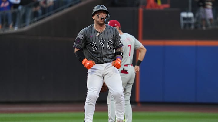 Sep 21, 2024; New York City, New York, USA; New York Mets catcher Francisco Alvarez (4) celebrates a double during the game against the Philadelphia Phillies at Citi Field. Mandatory Credit: Lucas Boland-Imagn Images