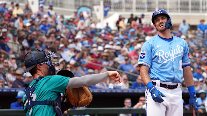 Mar 6, 2024; Surprise, Arizona, USA; Kansas City Royals shortstop Nick Loftin (12) reacts after