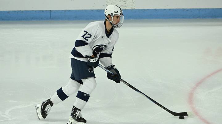 Oct 10, 2025; University Park, PA, USA; Penn State Nittany Lions forward Gavin McKenna (72) warms up for game against the Clarkson Golden Knights at Pegula Ice Arena. Mandatory Credit: Barry Reeger-Imagn Images