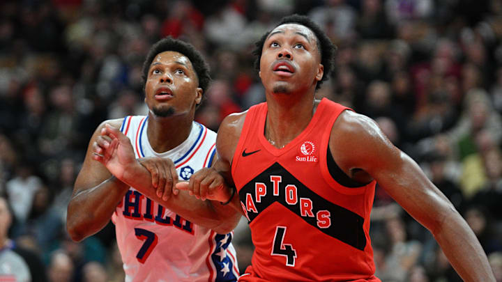 Oct 25, 2024; Toronto, Ontario, CAN; Toronto Raptors forward Scottie Barnes (4) and Philadelphia 76ers guard Kyle Lowry (7) battle for position as they watch a free throw in the first half at Scotiabank Arena. Mandatory Credit: Dan Hamilton-Imagn Images Oct 25, 2024; Toronto, Ontario, CAN; Toronto Raptors forward Scottie Barnes (4) and Philadelphia 76ers guard Kyle Lowry (7) battle for position as they watch a free throw in the first half at Scotiabank Arena. Mandatory Credit: Dan Hamilton-Imagn Images