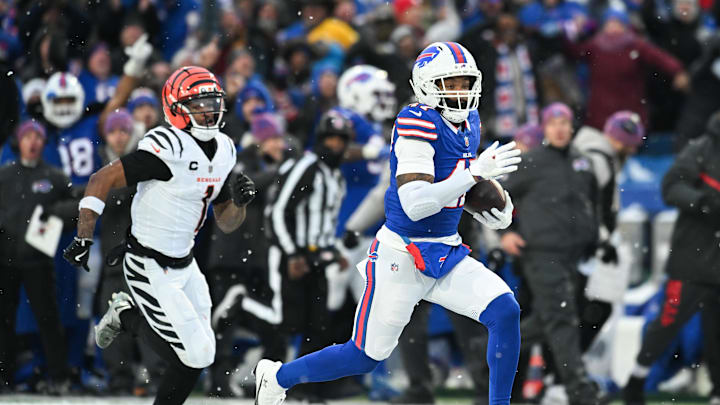 Dec 7, 2025; Orchard Park, New York, USA; Buffalo Bills cornerback Christian Benford (47) runs the ball for a touchdown after an interception against the Cincinnati Bengals Dec 7, 2025; Orchard Park, New York, USA; Buffalo Bills cornerback Christian Benford (47) runs the ball for a touchdown after an interception against the Cincinnati Bengals