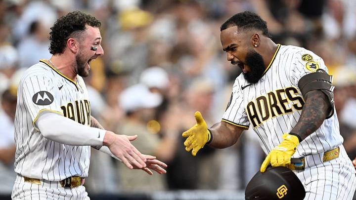 Aug 11, 2026; San Diego, California, USA; San Diego Padres designated hitter Luis Rengifo (21) celebrates with center fielder Jackson Merrill (3) after hitting a grand slam during the second inning against the Milwaukee Brewers at Petco Park. Mandatory Credit: Denis Poroy-Imagn Images Aug 11, 2026; San Diego, California, USA; San Diego Padres designated hitter Luis Rengifo (21) celebrates with center fielder Jackson Merrill (3) after hitting a grand slam during the second inning against the Milwaukee Brewers at Petco Park. Mandatory Credit: Denis Poroy-Imagn Images