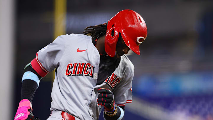 Aug 5, 2024; Miami, Florida, USA; Cincinnati Reds shortstop Elly De La Cruz (44) circles the bases after hitting a two-run home run against the Miami Marlins during the first inning at loanDepot Park. Mandatory Credit: Sam Navarro-Imagn Images