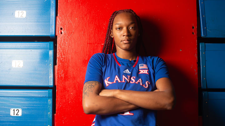 Kansas super-senior center Taiyanna Jackson (1) poses during media day inside Allen Fieldhouse