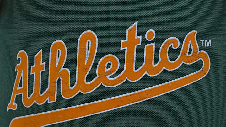 Jun 14, 2025; Kansas City, Missouri, USA;  A general view of the Athletics logo on a bag, before a game against the Kansas City Royals at Kauffman Stadium. Mandatory Credit: Peter Aiken-Imagn Images